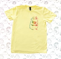 Linocut Printed T-Shirt - Rainbow Grocery Bird on Cornsilk Yellow (Size S)
