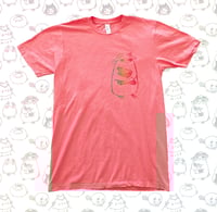 Linocut Printed T-Shirt - Rainbow Grocery Bird on Coral Pink (Size S)