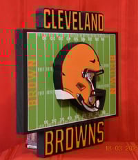 Image 2 of Cleveland Browns Hand Crafted NFL 3D Wooden Team Helmet Wall Décor Hanging Artwork. 