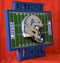 Image 2 of Detroit Lions Hand Crafted NFL 3D Wooden Team Helmet Wall Décor Hanging Artwork. 
