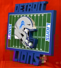 Image 3 of Detroit Lions Hand Crafted NFL 3D Wooden Team Helmet Wall Décor Hanging Artwork. 