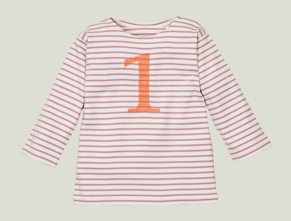 Image of NEU Geburtstags-Shirt flieder gestreift mit  Zahl in orange (O) Art.266327