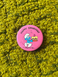 Image 1 of 1980s Peyo Smurfs “Happy Smurfday” Pink Pin