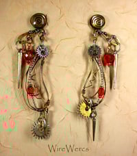 Image 1 of 'Paisley Steam Spikes' Chandelier Gothic Steampunk Earrings with Brushed Spikes, Gears and Glass.