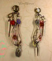 Image 3 of 'Paisley Steam Spikes' Chandelier Gothic Steampunk Earrings with Brushed Spikes, Gears and Glass.