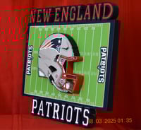 Image 2 of New England Patriots Hand Crafted NFL 3D Wooden Team Helmet Wall Décor Hanging Artwork.