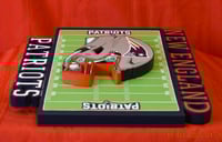 Image 5 of New England Patriots Hand Crafted NFL 3D Wooden Team Helmet Wall Décor Hanging Artwork.