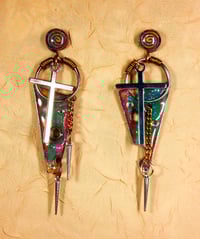 Image 1 of 'Geometric Aluminum Cosmic Gothic Retro-futuristic God Pendulums' Earrings. #729>