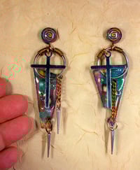 Image 2 of 'Geometric Aluminum Cosmic Gothic Retro-futuristic God Pendulums' Earrings. #729>