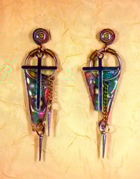 Image 3 of 'Geometric Aluminum Cosmic Gothic Retro-futuristic God Pendulums' Earrings. #729>