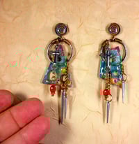 Image 2 of 'Cosmic Gothic Retro-futuristic Geometric Aluminum God Pendulums' Earrings. #972>