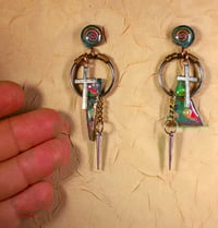 Image 2 of 'Cosmic 963 Geometric Gothic Aluminum Retro-Futuristic God Pendulums' Earrings.