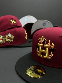 Image 1 of New Era 59Fifty "Back Burner" Flame Cardinal Metallic Gold