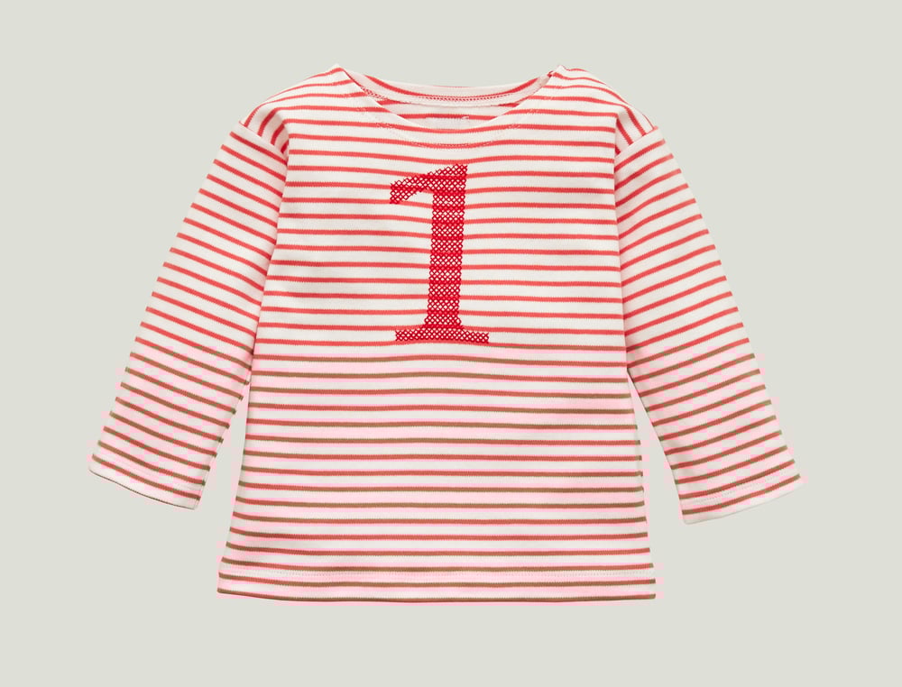 Image of Geburtstags-Shirt fein rot gestreift mit neon roter Zahl (O) Art.266423