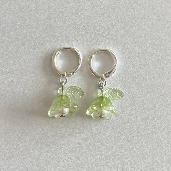 'green ivory bells' huggie earrings