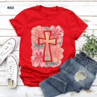 Image 4 of Floral Cross Unisex T-Shirt, Casual Christian Tee