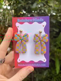 Orange & blue check bow earrings 