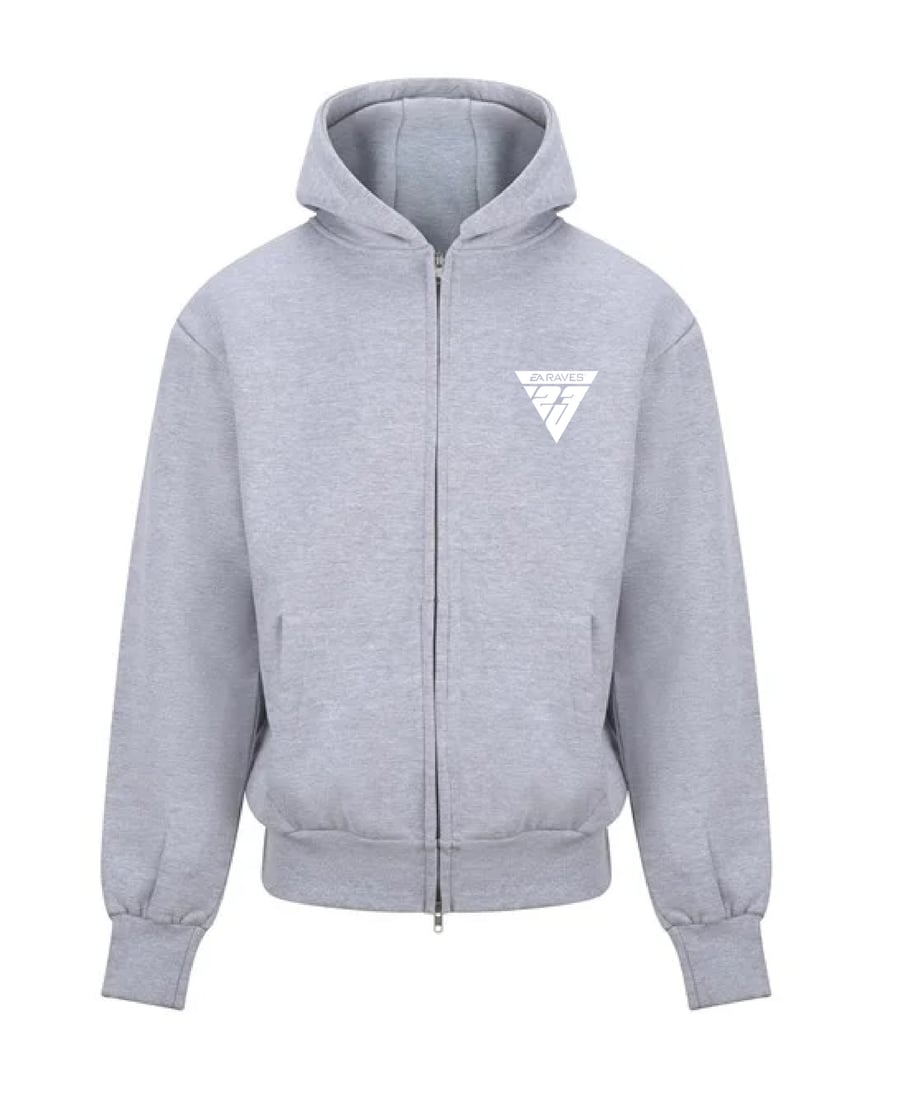 Image of GREY ZIP UP EA RAVES BACK TEXT HOODIE