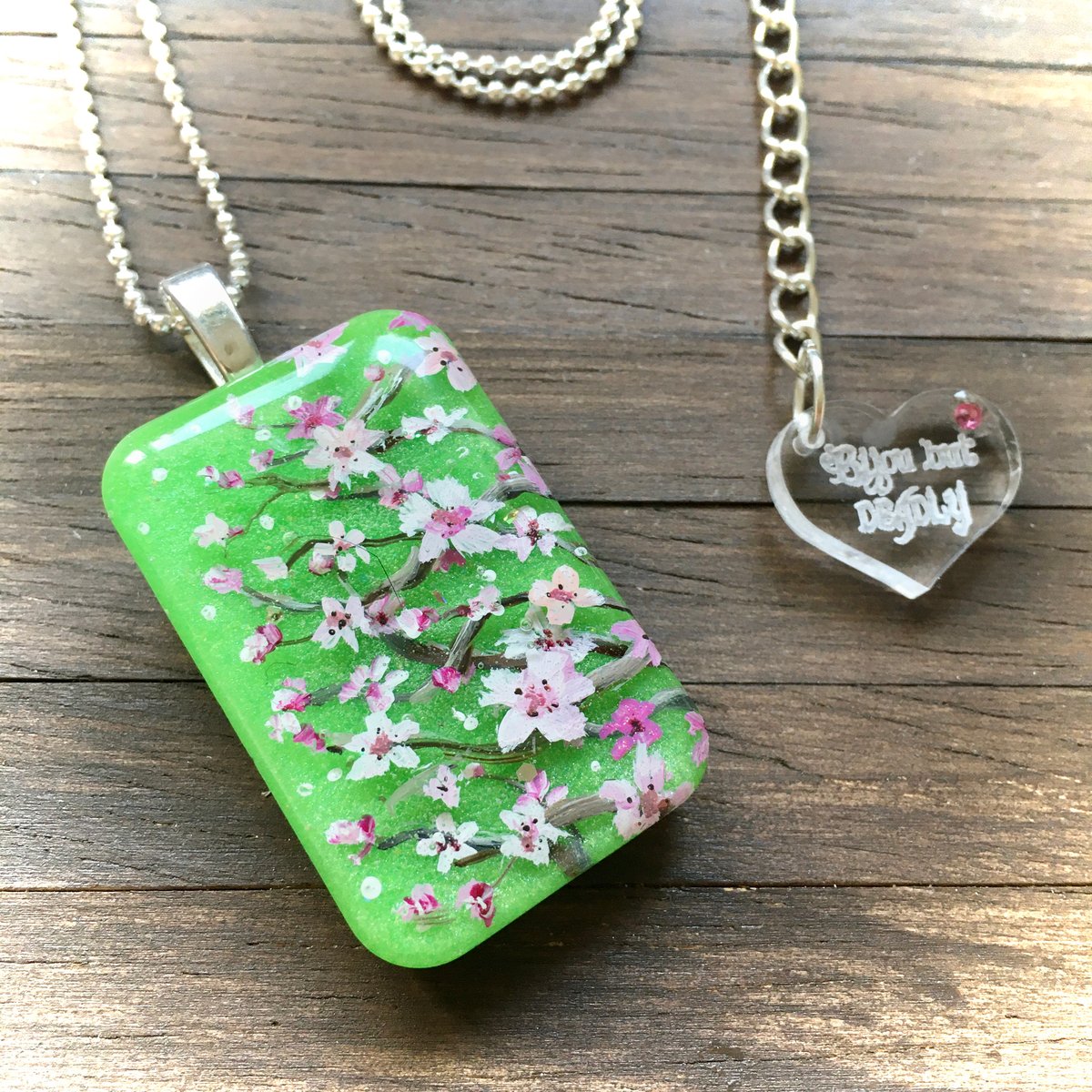 Cherry Blossom on Green Abstract Resin Pendant Bijou but Deadly