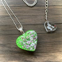 Image 2 of Cherry Blossom on Green Abstract Resin Heart Pendant