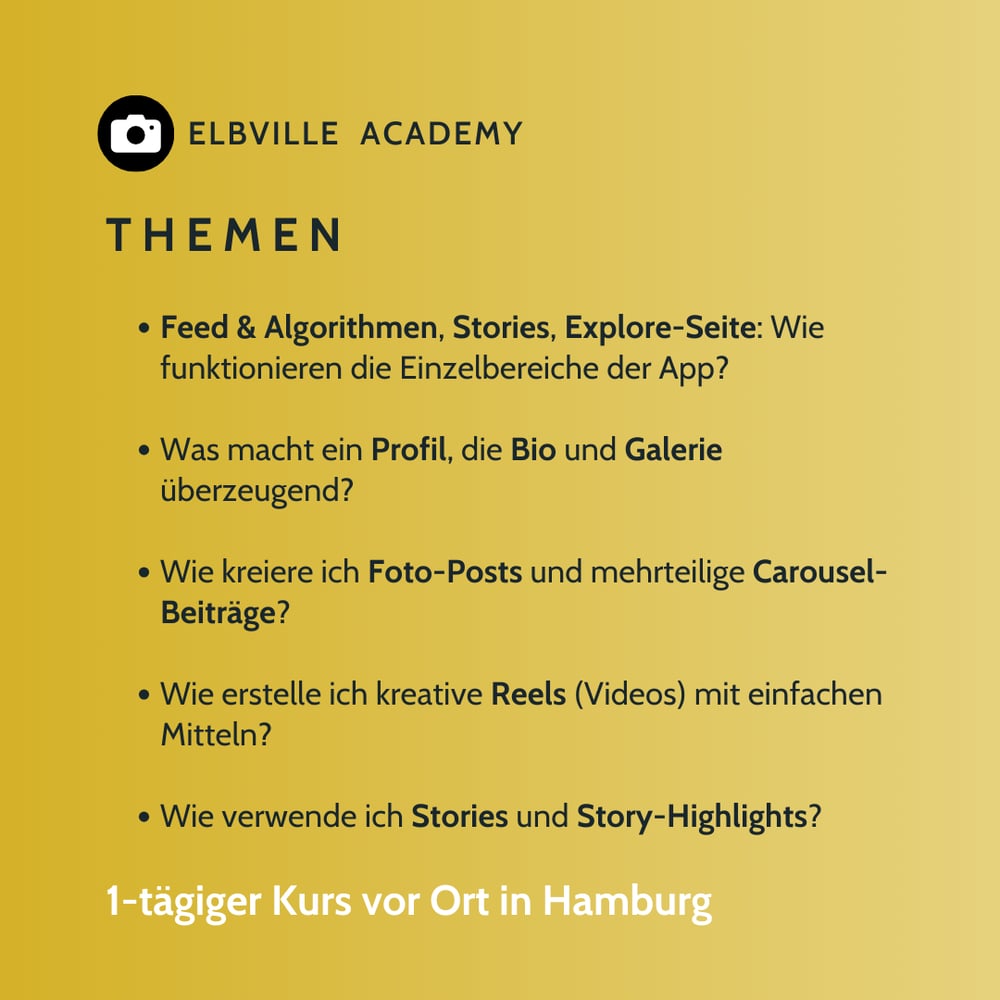 24. Mai 2025: Praxis-Workshop Instagram (1-tägiger Kurs vor Ort in Hamburg)