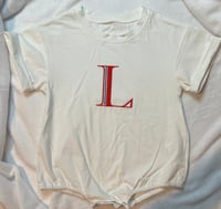 Image 1 of Whtie Baby Romper with Blue and Red "L"