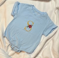 Image 1 of Light Blue Baby Romper with Rose Flower and Gold “S”