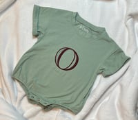 Image 1 of Green Baby Romper with Maroon “O”