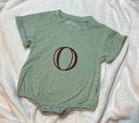 Image 2 of Green Baby Romper with Maroon “O”
