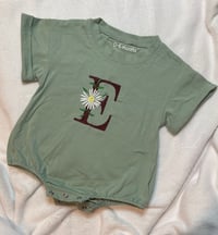 Image 1 of Sage Baby Romper with Daisy Flower and Maroon “E”