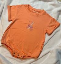 Image 3 of Coral Baby Romper with Pink Bow and White and Gray “Z”