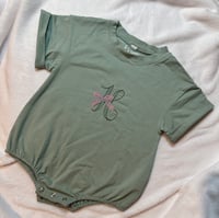 Image 2 of Olive Green Baby Romper with Pink Bow and Green “H”