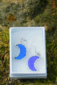 Image 2 of Deep Blue Iridescent Crescent Moon Earrings