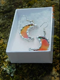 Image 2 of Red Iridescent Crescent Moon Earrings