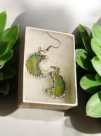 Green Iridescent Crescent Moon Earrings