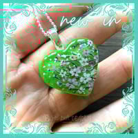 Image 3 of Cherry Blossom on Green Abstract Resin Heart Pendant