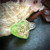 Image 4 of Cherry Blossom on Green Abstract Resin Heart Pendant
