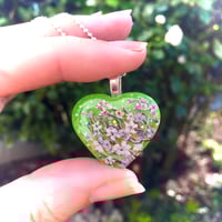 Image 1 of Cherry Blossom on Green Abstract Resin Heart Pendant