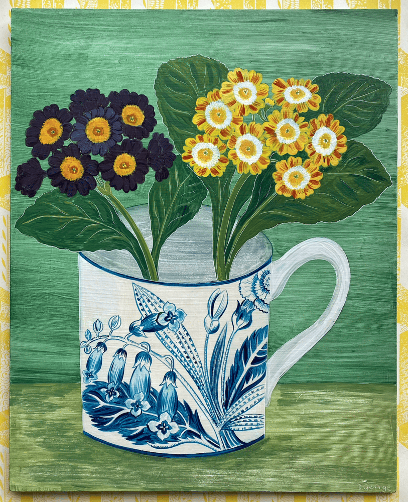 Image of Auriculas in a blue transferware cup