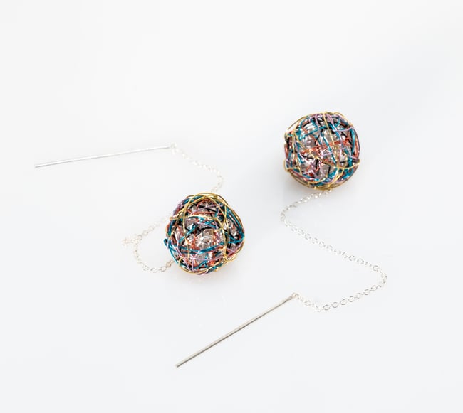 Colorful Ball chain earrings, Wire Sculpture artist made jewelry