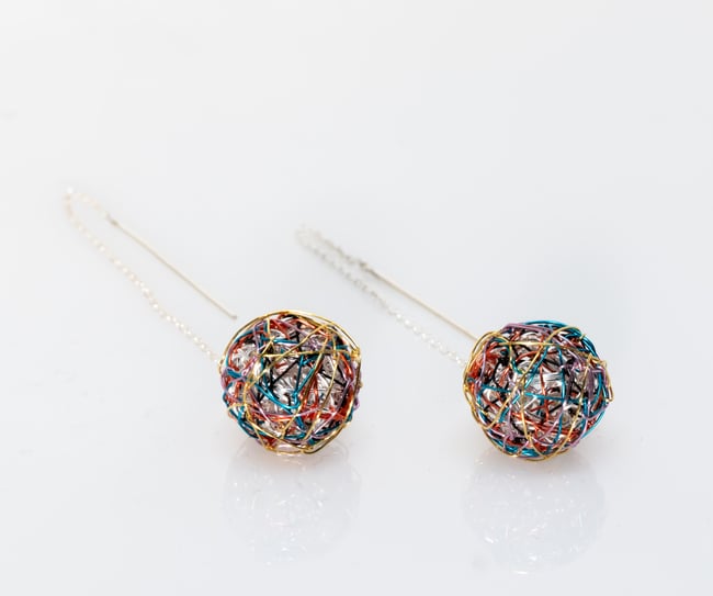 Colorful Ball chain earrings, Wire Sculpture artist made jewelry