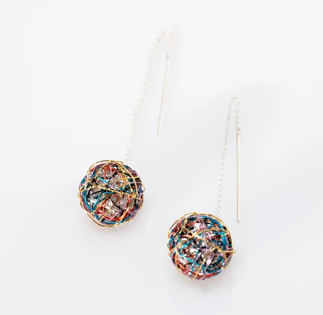 Colorful Ball chain earrings, Wire Sculpture artist made jewelry