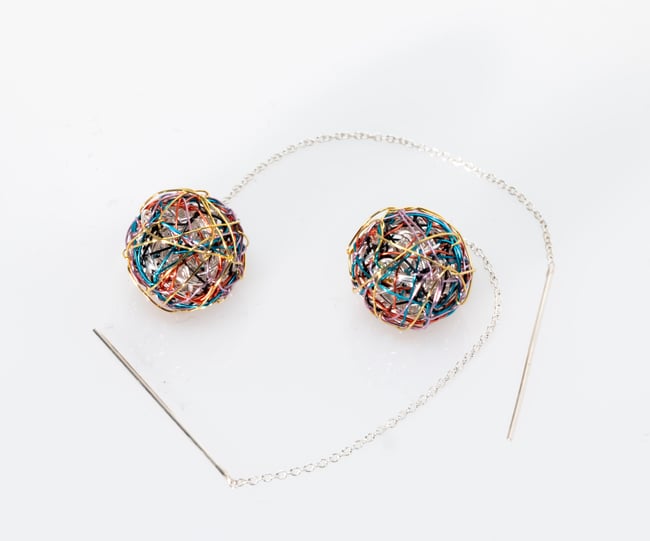 Colorful Ball chain earrings, Wire Sculpture artist made jewelry