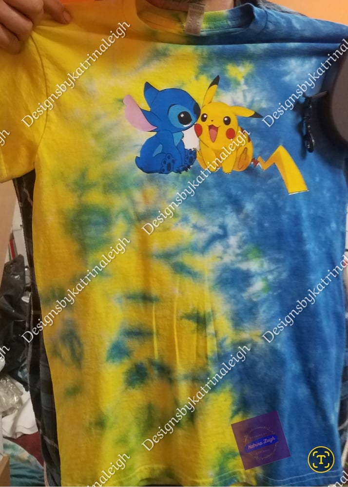 Image of Yellow and blue tye dye with stitch and pokemon graphic