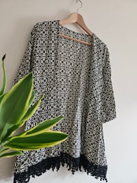 Image 1 of Pre loved black and white geometric print fringe open cardigan 