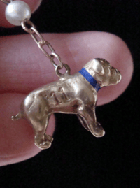 Image 2 of French Edwardian 18ct English bull dog pendant charm with enamel and pearl
