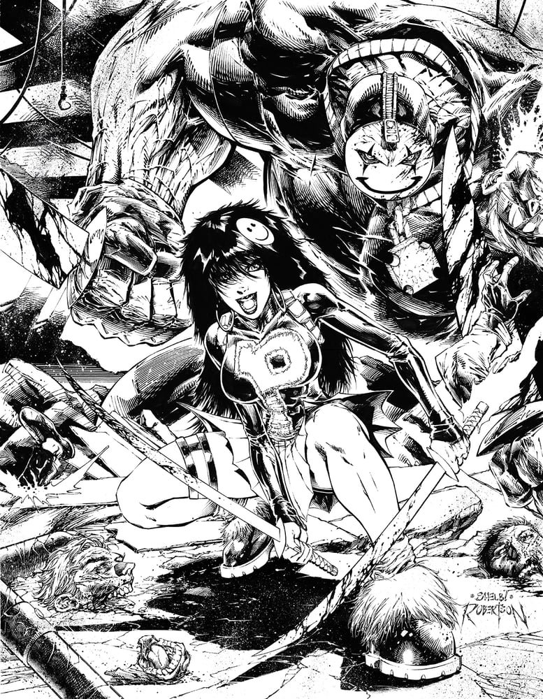 Image of BODY BAGS ORIGINAL DOUBLE PAGE PIN-UP ART BY SHELBY ROBERTSON - HUGE 17" x 22"