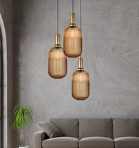 Image 3 of XL Amber Ribbed Glass Multi Pendant Light for Stairs