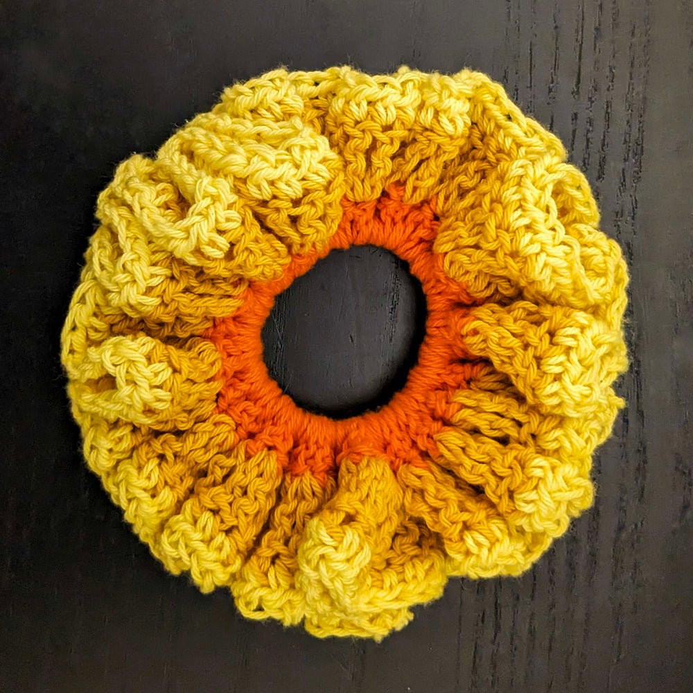 Image of Sunset Sorcery Crochet Ruffle Scrunchie – 100% Cotton, Whimsigoth Hair Accessory