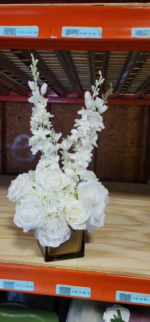Image of White Silk  flower small Vase Centerpieces , 5 inch x 5 inch vase 